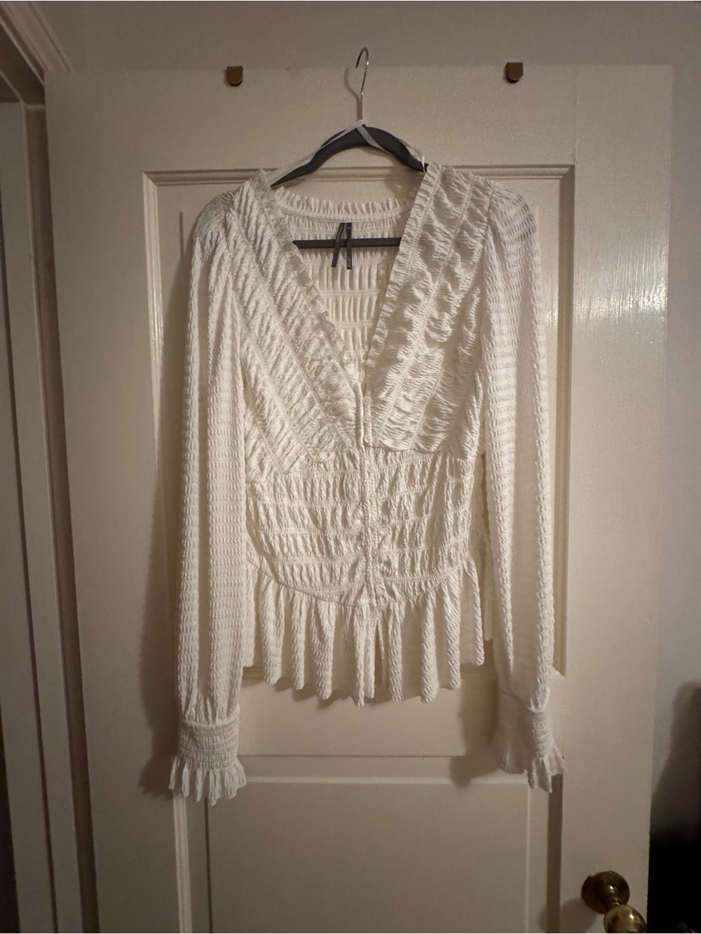 Anthropologie Women's White Smocked Peplum Long-Sleeve Top